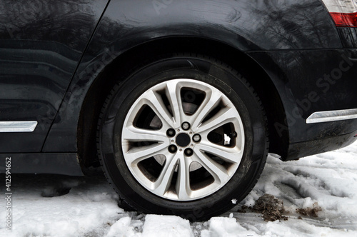 Snow tires or tyres for driving on dangerous snowy roads during winter  © jpr03