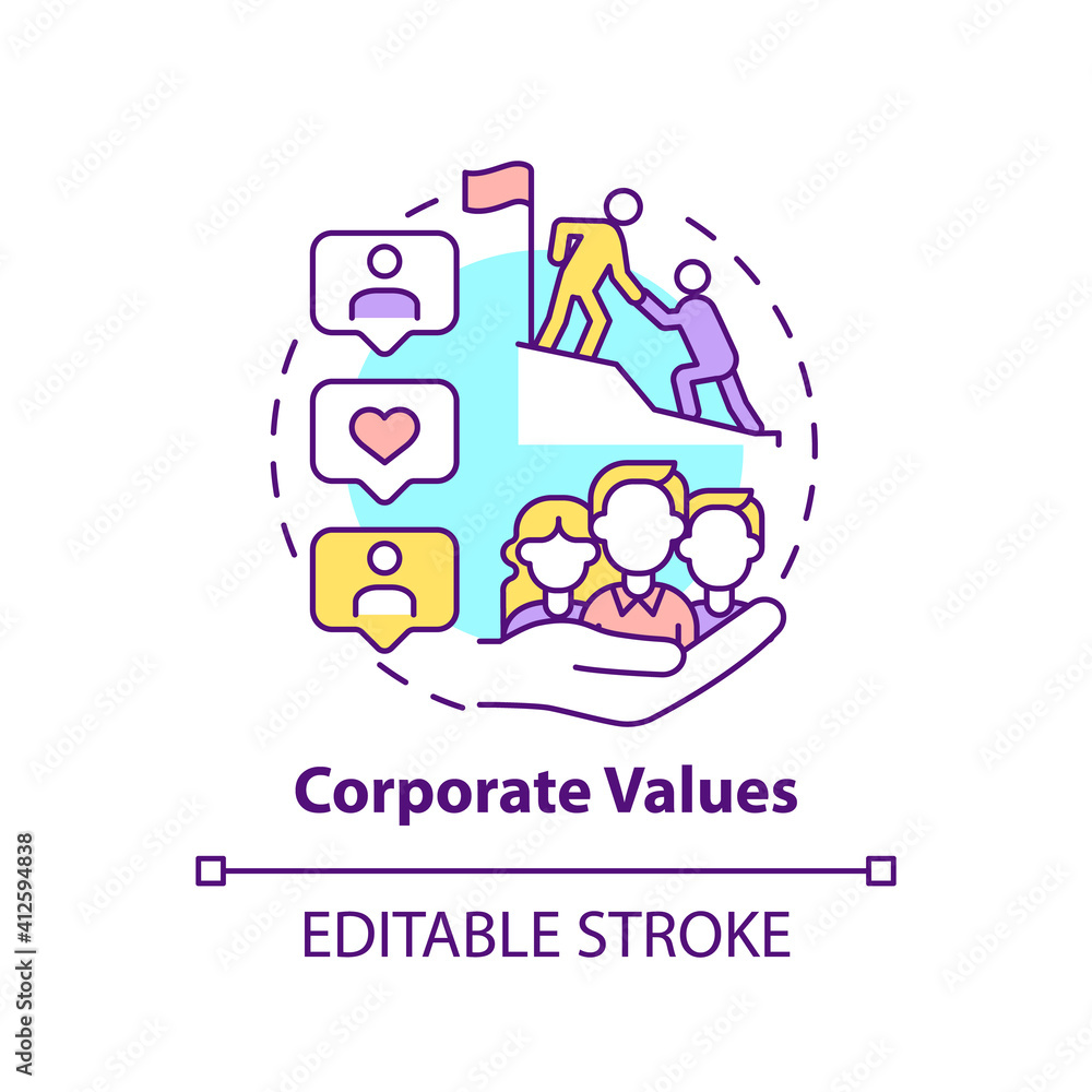 Corporate values concept icon. Worker adaptation elements. Set of guiding principles idea thin line illustration. Common business goal. Vector isolated outline RGB color drawing. Editable stroke Corporate values concept icon. Worker adaptation elements. Set of guiding principles idea thin line illustration. Common business goal. Vector isolated outline RGB color drawing. Editable stroke