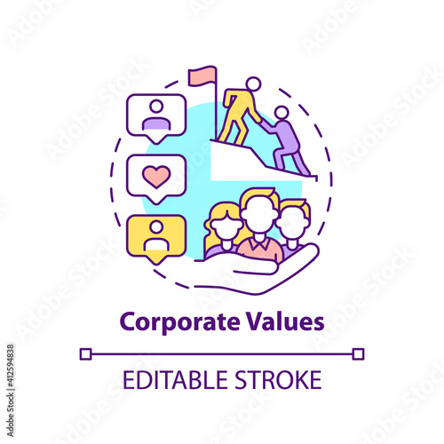 Corporate values concept icon. Worker adaptation elements. Set of guiding principles idea thin line illustration. Common business goal. Vector isolated outline RGB color drawing. Editable stroke