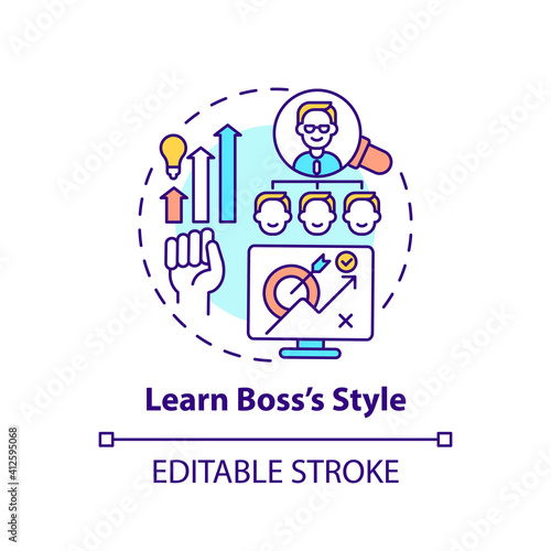 Learn style of boss concept icon. Newbie adaptation tips. Improve work of company idea thin line illustration. Leadership and management. Vector isolated outline RGB color drawing. Editable stroke
