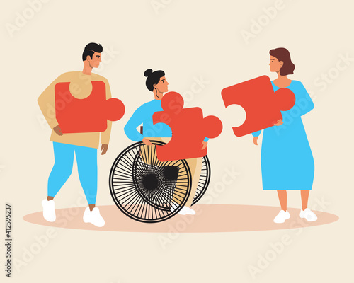 Volunteer work, disabled person with puzzle isolated, flat vector stock illustration as a concept of volunteer work, inclusiveness, disability