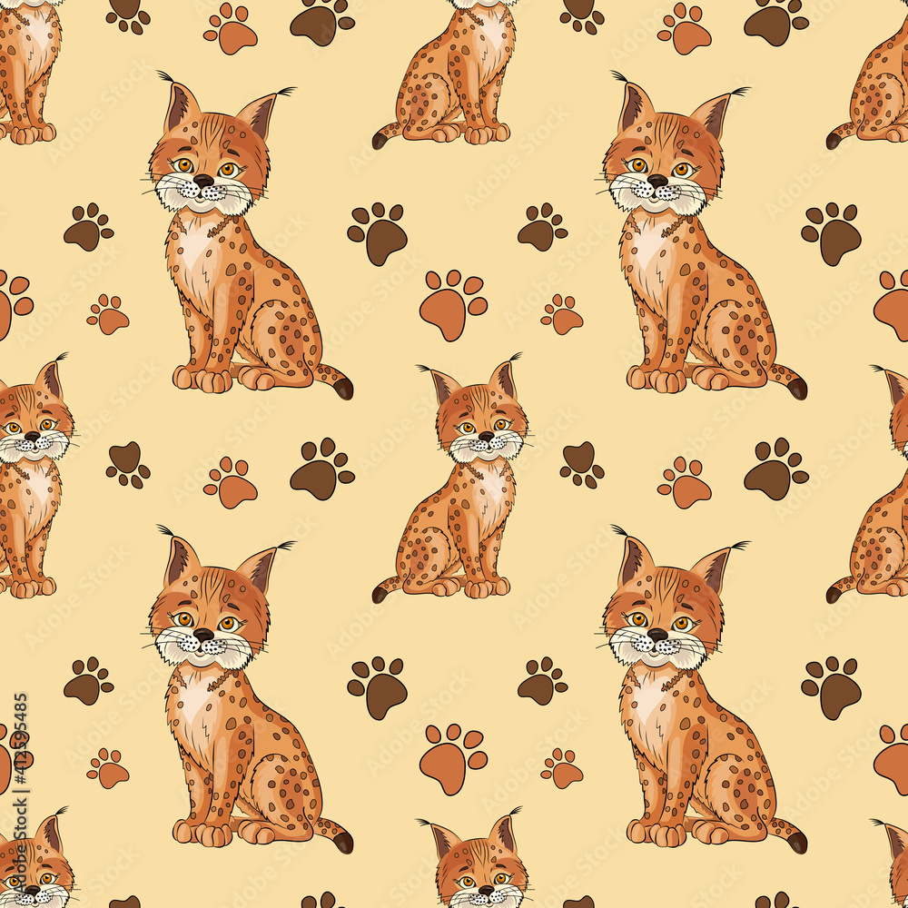 Bobcat,paw on soft beige background.Cute cartoon lynx character.Vector seamless pattern.Illustration with red wild animal