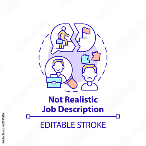 Not realistic job description concept icon. New worker emotional burden factors. Waiting idea thin line illustration. Info of recruitment. Vector isolated outline RGB color drawing. Editable stroke