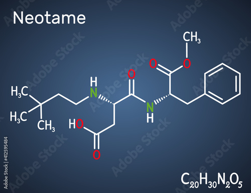 Neotame, sweetening agent, E961 molecule. It is dipeptide, artificial sweetener, aspartame analog. Structural chemical formula on the dark blue background
