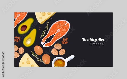 Omega 3 products banner. Healthy food for humans. Vector seamless illustration. 