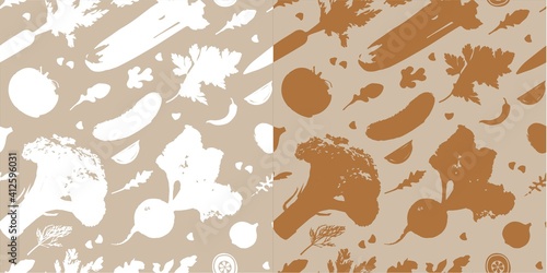 Vegetables. Seamless vector patterns. Food illustrations: celery, broccoli, tomatoes, beets, cucumbers, carrots, onions, cabaret, lemon, parsley, dill, ginger, garlic, arugula