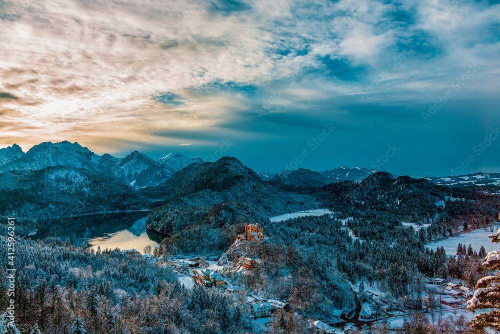 panoramic view of the Hohenschwangau Castle in winter, Germany.
