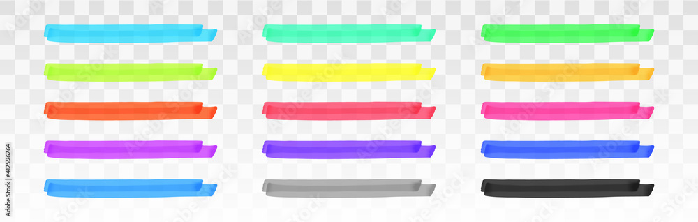Color highlighter lines set isolated on transparent background. Red, yellow, pink, green, blue, purple, gray, black marker pen highlight underline strokes. Vector hand drawn graphic stylish element - obrazy, fototapety, plakaty 