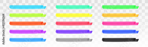 Color highlighter lines set isolated on transparent background. Red, yellow, pink, green, blue, purple, gray, black marker pen highlight underline strokes. Vector hand drawn graphic stylish element