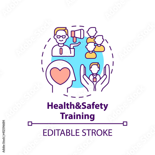 Health and safety training concept icon. Employee adaptation program elements. Do sports activities on workplace thin line illustration. Vector isolated outline RGB color drawing. Editable stroke