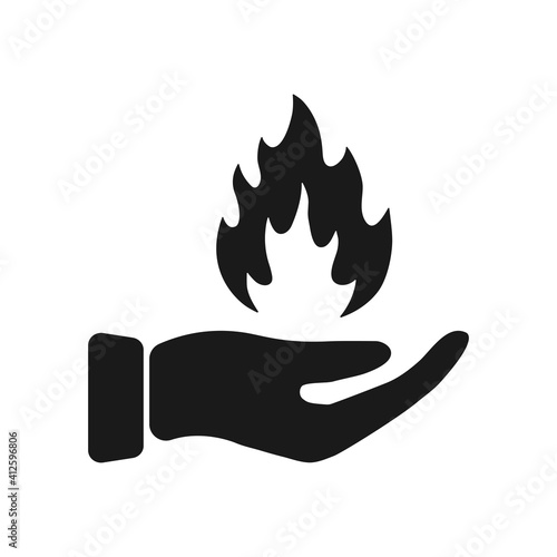Hand holding fire flame icon. Save fire silhouette concept. Vector  illustration isolated on white