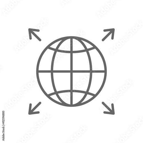 World expansion black icon. Globe line symbol with arrows. Vector isolated on white