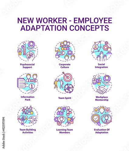 New employee adaptation concepts icons set. Process of helping workers idea thin line RGB color illustrations. Applicable and productive. Vector isolated outline drawings. Editable stroke