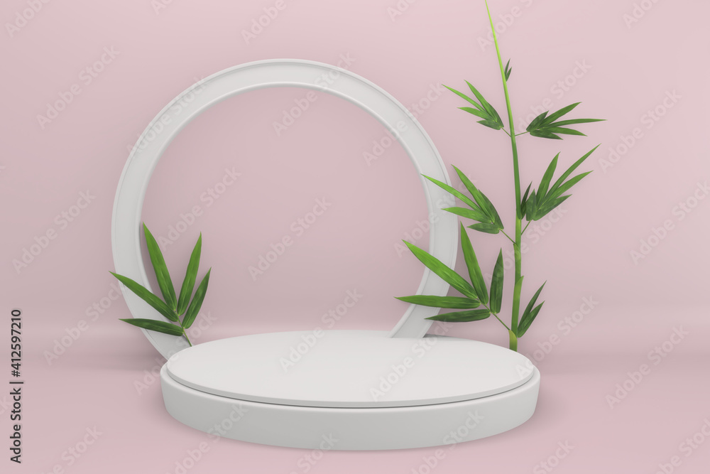 Tropical pink design Podium minimal geometric and bamboo japanese decoration .3D rendering Tropical pink design Podium minimal geometric and bamboo japanese decoration .3D rendering