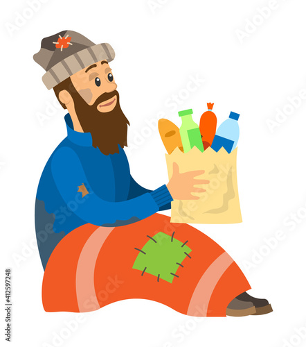 Homeless man sitting with blanket, vagrant holding package with meal, helping to vagabond, hunger character, portrait view of beggar, unemployed vector