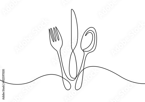  Continuous One Line Drawing. Spoons, Forks, Knife, Eating Utensils. Cooking Utensils Line Art Style for Logos, Business Cards, Banners. Black and White Minimalist Vector illustration