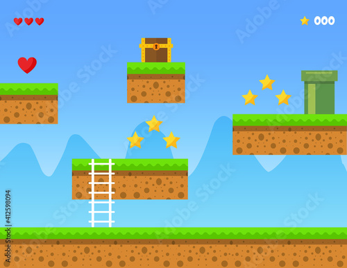 Old retro video game background. Platform arcade game design. Vector stock