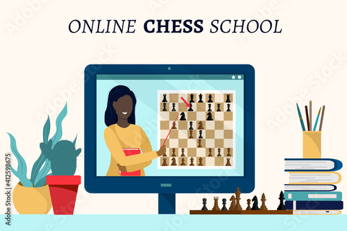 Online chess school. A black woman stands in front of the screen, explains the rules of a strategic intellectual game. Flat vector illustration