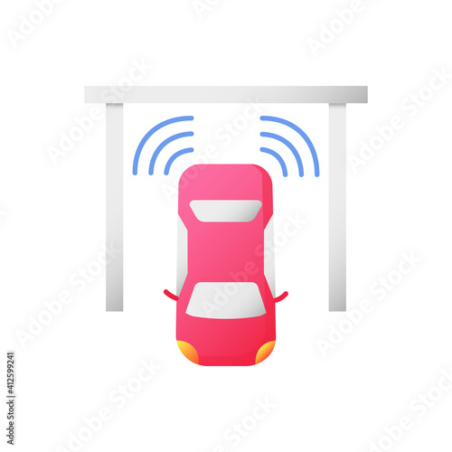 Parking sensors vector flat color icon. Smart driver assistance, driving safety. Modern automobile with proximity sensors. Cartoon style clip art for mobile app. Isolated RGB illustration