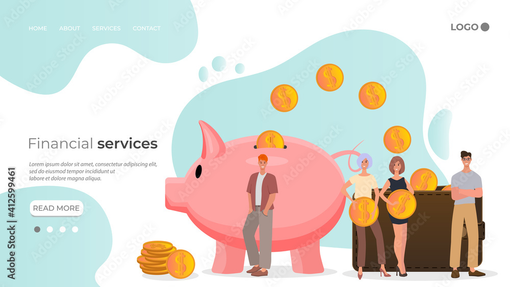 Fototapeta premium Big piggy bank and wallet.Financial services online transactions and savings.Flat vector operation.The landing page template.