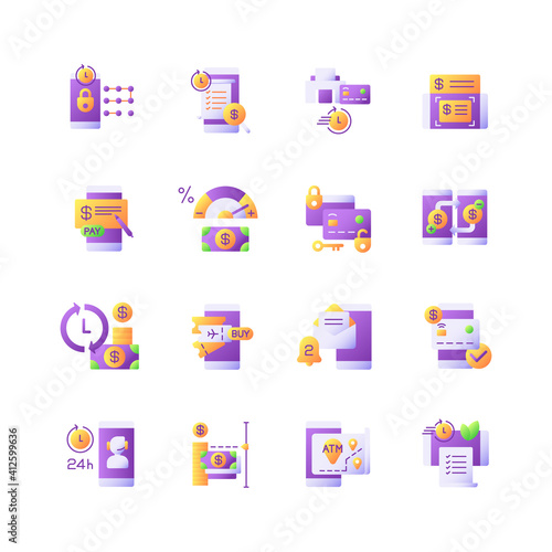 Mobile banking service vector flat color icon set. E wallet personal account management. Transfer funds. Cartoon style clip art for mobile app pack. Isolated RGB illustration bundle
