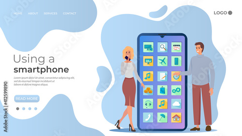 A young man and woman stand next to a smartphone.The concept of using smartphones and other modern technologies.Flat vector illustration.The landing page template.
