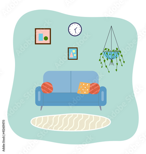 Living room interior design flat vector illustration. Soft couch with pillows on a blue background. Arrangement of furniture and layout of premises in the apartment. Furniture equipment of rooms
