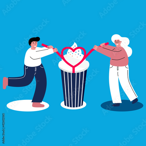 The cute couple standing opposite to each other holding and drinking in the straw heart shape. Vector illustration in flat cartoon design. Concept Valentine’s day. 