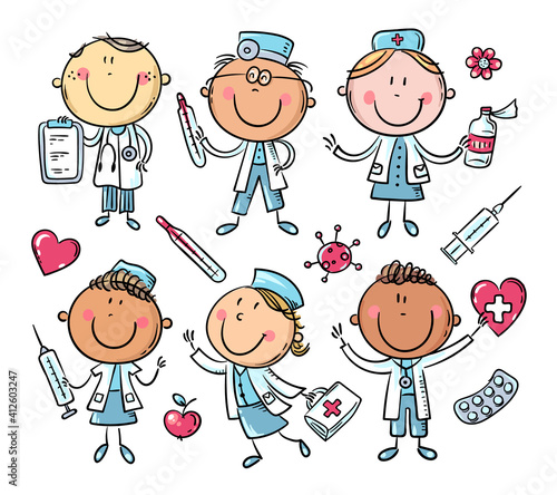 Funny cartoon doctors set, stick figure characters