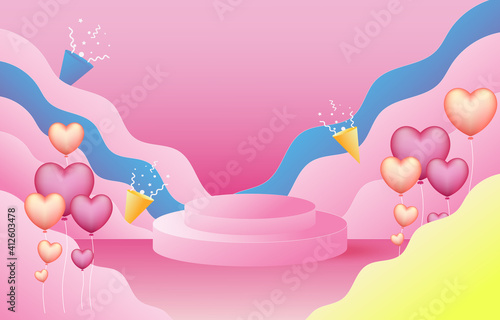 lovely joyful couple Valentine's day Celebration on big pink heart with text LOVE design for Valentine's day festival. love pink background. Vector illustration.