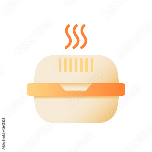 Hot meal takeout vector flat color icon. Burger take away. Cardboard box for fast food delivery. Cheeseburger package. Cartoon style clip art for mobile app. Isolated RGB illustration
