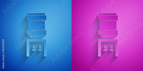 Paper cut Water cooler for office and home icon isolated on blue and purple background. Water dispenser. Bottle office, plastic and liquid. Paper art style. Vector.