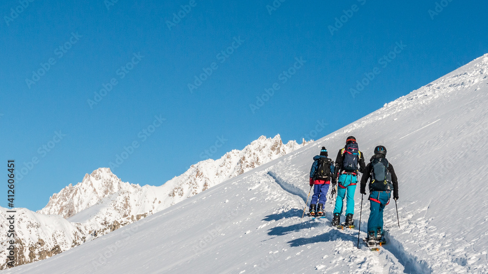 Splitboard / Snowboard freeride near the Grands Montets, Chamonix, French Alps, France