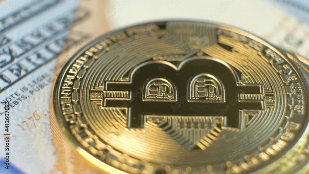 Close up of metal shiny bitcoin crypto currency.