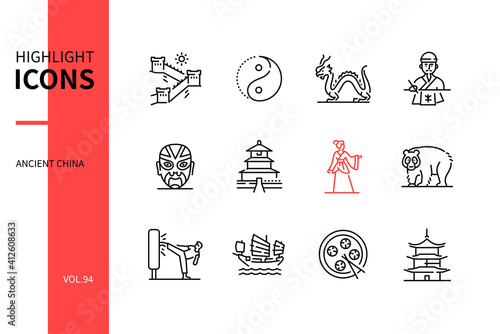 Ancient China - modern line design style icons set