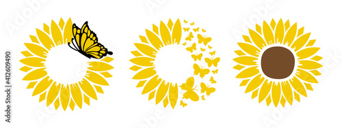 Sunflower with beautiful butterfly set. For design on t-shirt, mug, bag, mask background illustration.