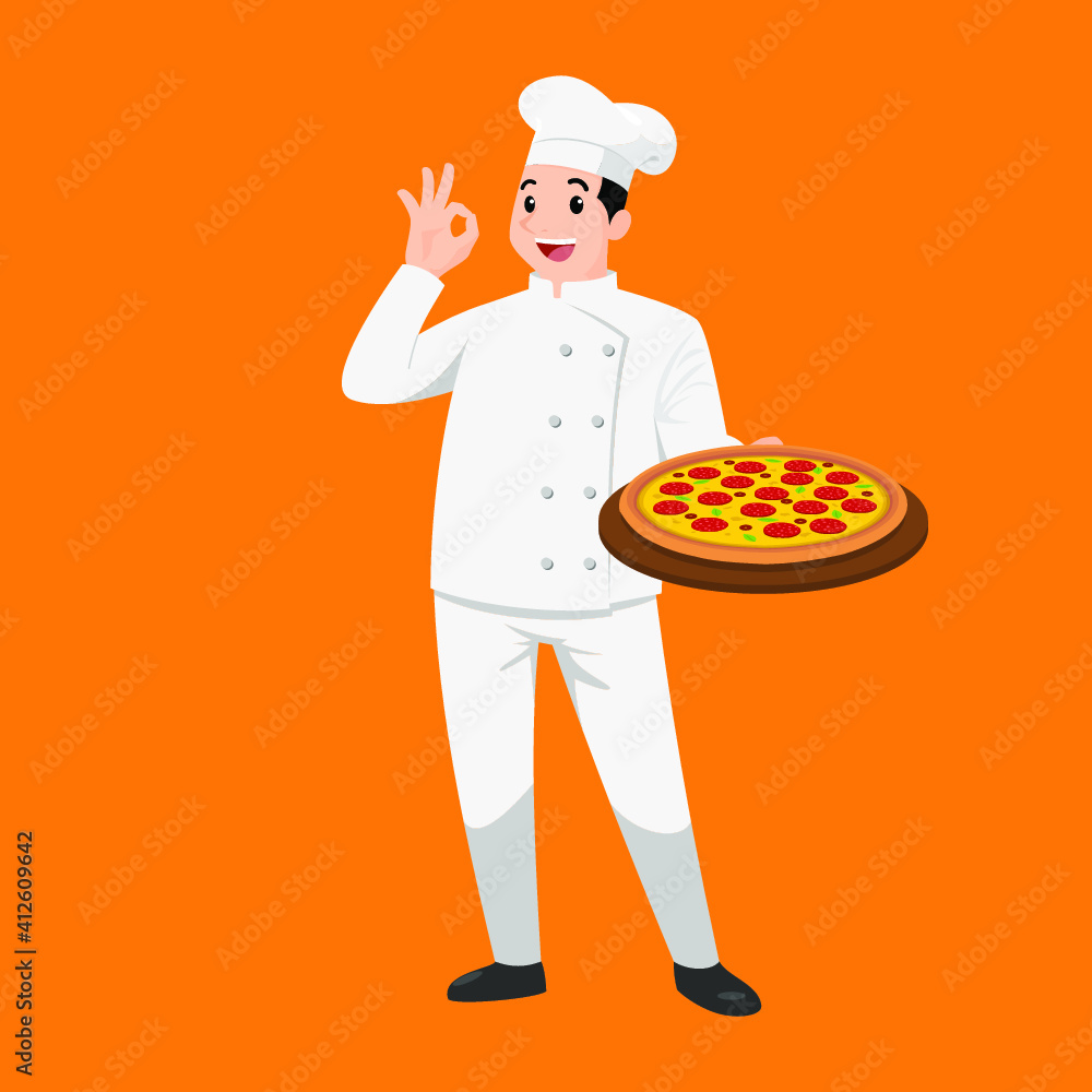 Happy chef cartoon portrait of young big guy cook wearing hat and chef uniform hold plate of delicious pizza and do OK sign gesture. Man cook and Italian food and show to camera. Vector simple design. Happy chef cartoon portrait of young big guy cook wearing hat and chef uniform hold plate of delicious pizza and do OK sign gesture. Man cook and Italian food and show to camera. Vector simple design.