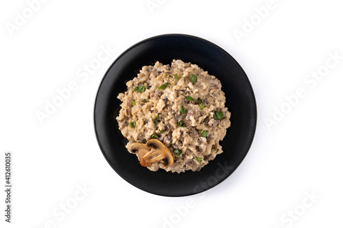 Risotto with mushroom isolated on white background. Top view