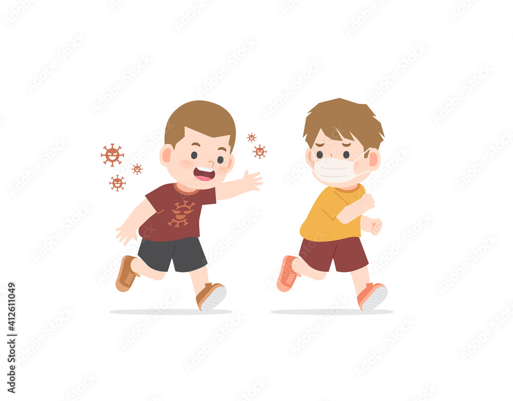 A boy wearing a mask is running away Boy who does not wear a mask, suspected to be infected. illustration cartoon character vector design on white background. Health care concept.