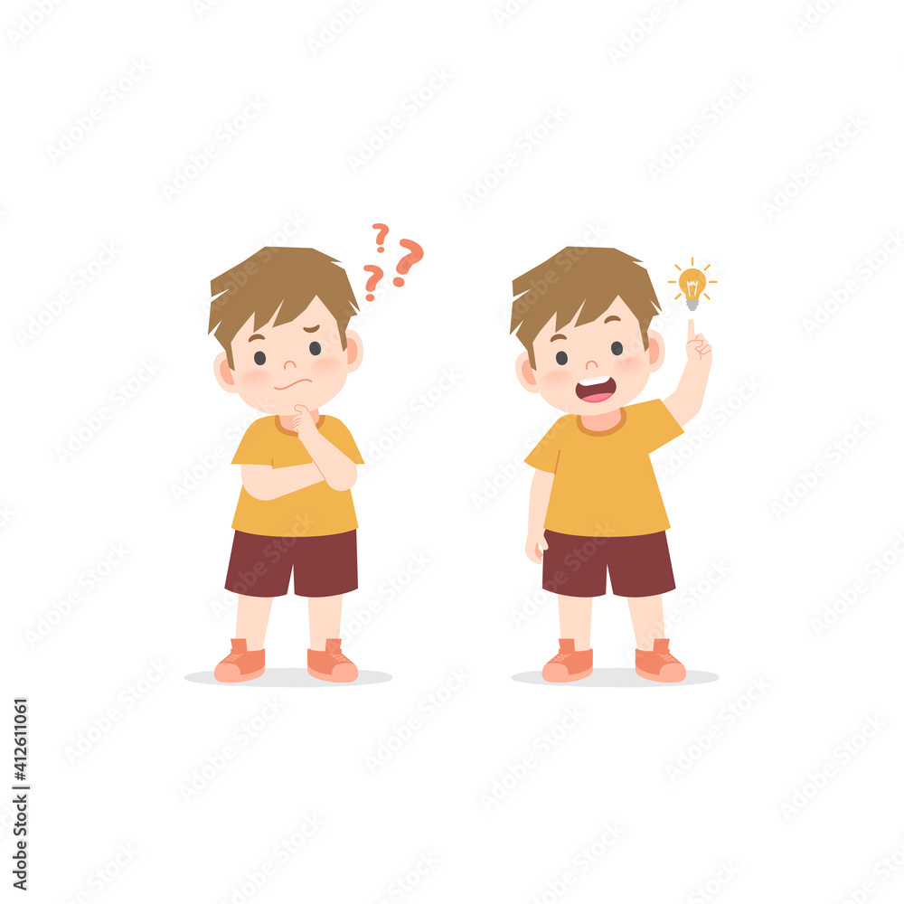The boy was confused, wondered, had a problem, and tried to answer and The boy figured out the answer to the problem. illustration cartoon character vector design on white background.