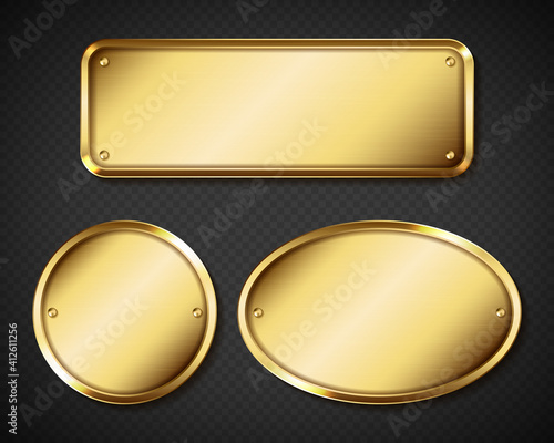 Gold or brass plates, golden name plaques empty mockup. Metal identification tags or badges, round, oval and rectangular frame for nameplate isolated on transparent background, realistic 3d vector set