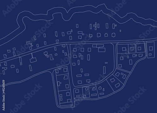 Part of urban plan of a town and river. Vector abstract topographic map for your design. Retro blueprint.
