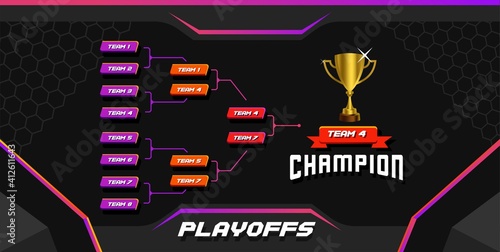 modern sport game tournament championship contest stage bracket board vector with gold champion trophy prize icon illustration background in tech theme style layout.