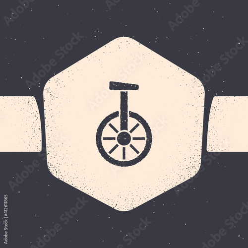 Grunge Unicycle or one wheel bicycle icon isolated on grey background. Monowheel bicycle. Monochrome vintage drawing. Vector.