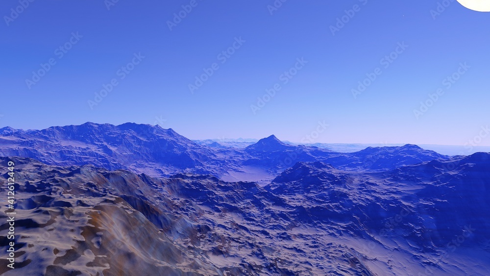 realistic surface of an alien planet, view from the surface of an exo-planet, canyons on an alien planet, stone planet, desert planet 3d render