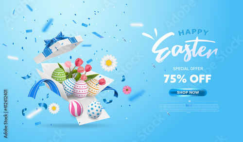 Happy Easter with surprise white gift box with colorful eggs, tulip flowers and blue ribbon. Open gift box isolated. Party, Shopping poster. Easter Sunday design banner