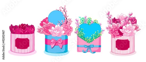 Set of floristic compositions with flowers, letter and gift boxes. Roses, tulips, cherry branch, wild flowers
