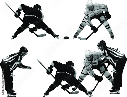 Ice hockey. The referee holds the puck in his hand. Hockey players prepared for the game. Figures of hockey players and referees isolated on white background. Illustration. Vector, eps10.