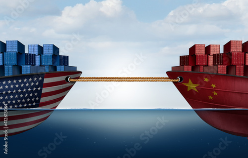 China United States tug of war trade fight and American tariffs as two interconnected opposing cargo ships tied together with rope as an economic  taxation dispute over import and exports
