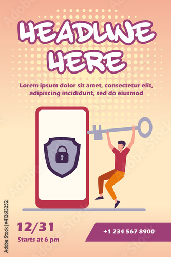 Tiny man unlocking mobile phone with golden key. Padlock, smartphone, lock flat vector illustration. Security and protection concept for banner, website design or landing web page